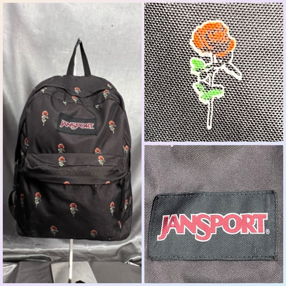 JanSport Superbreak Plus Backpack Black Rose Floral JS0A4QUE School Laptop Bag